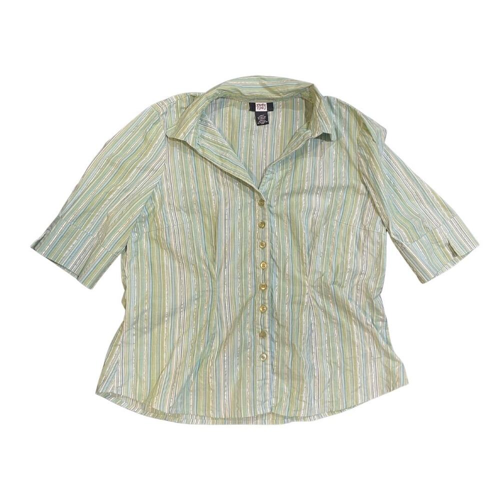 Vintage Studio 1940 Striped Button up 3/4 Sleeve Blouse Size Large Retro Y2K 90s
